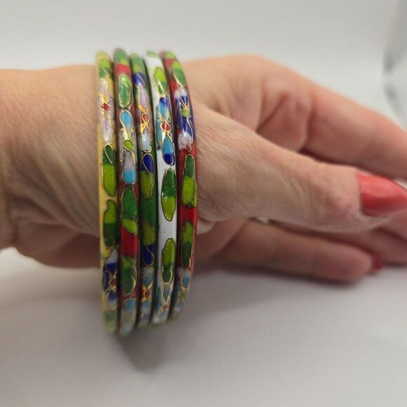 Vintage Enamel Cloissonne Bangle Bracelet Lot of 5 Asian Floral - Picture 3 of 3